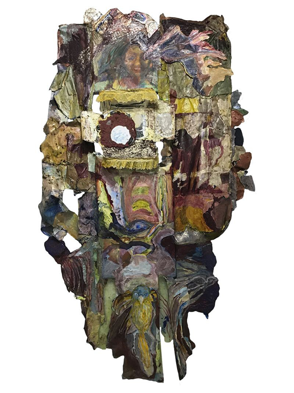 Suzanne Jackson's sculpture "Her Empty Vanity" made from acrylic, mixed papers, canvas, panel, lace, mirror with shells