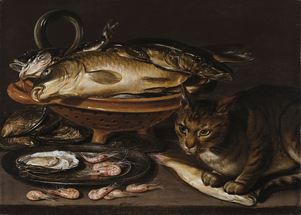 A dark still life oil painting that shows a bowl of dead fish and a plate of shrimp and clams, along with a cat with his paws on one of the dead fish.